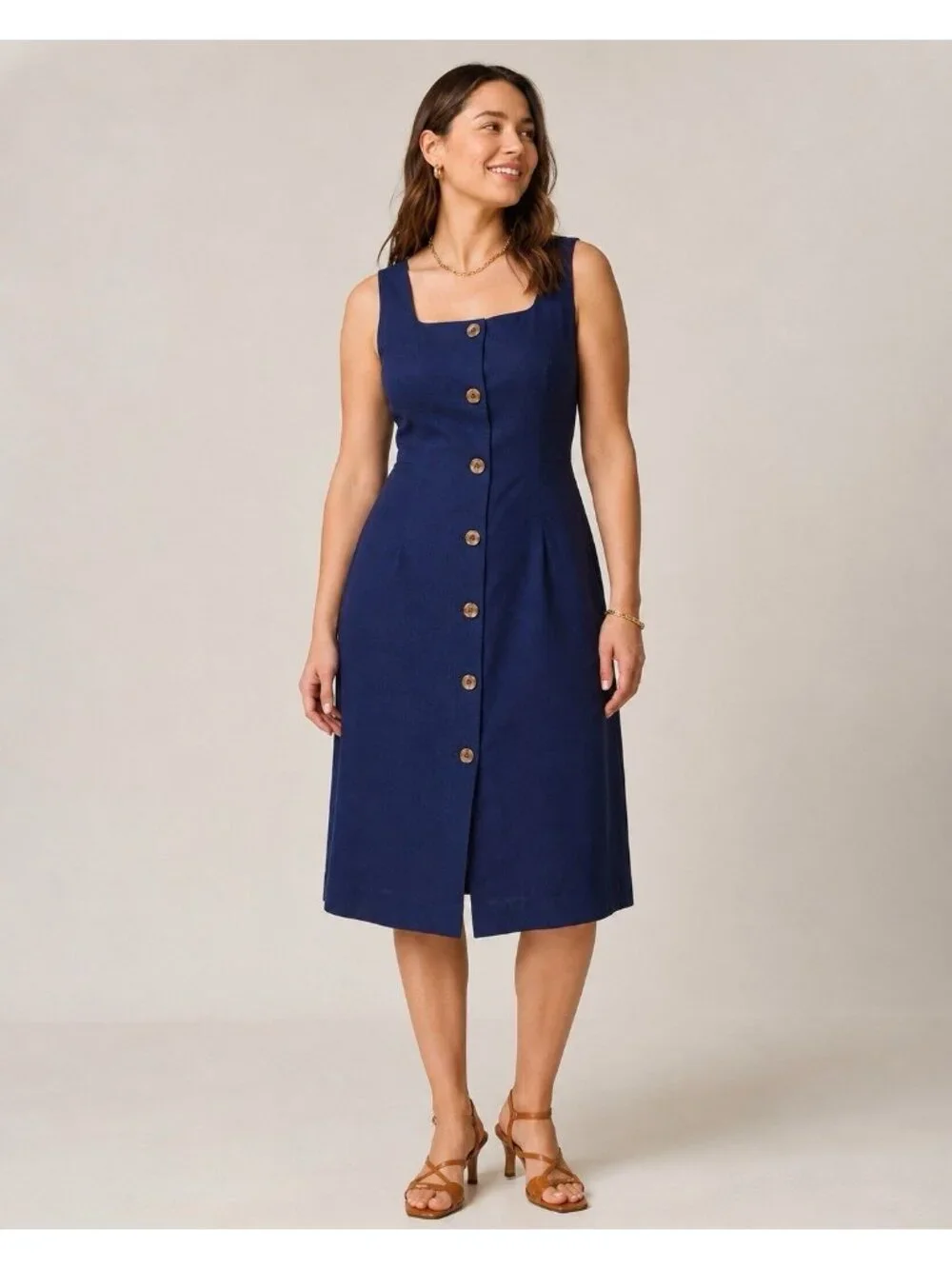 J Crew Womens Linen Cotton Button Front Dress Sz 12P 12 Petite Antique Navy Blue